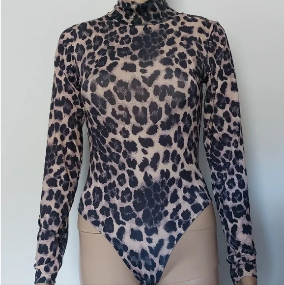 Lazofy Leopard print high neck bodysuit Women's long sleeve size M - Picture 1 of 9